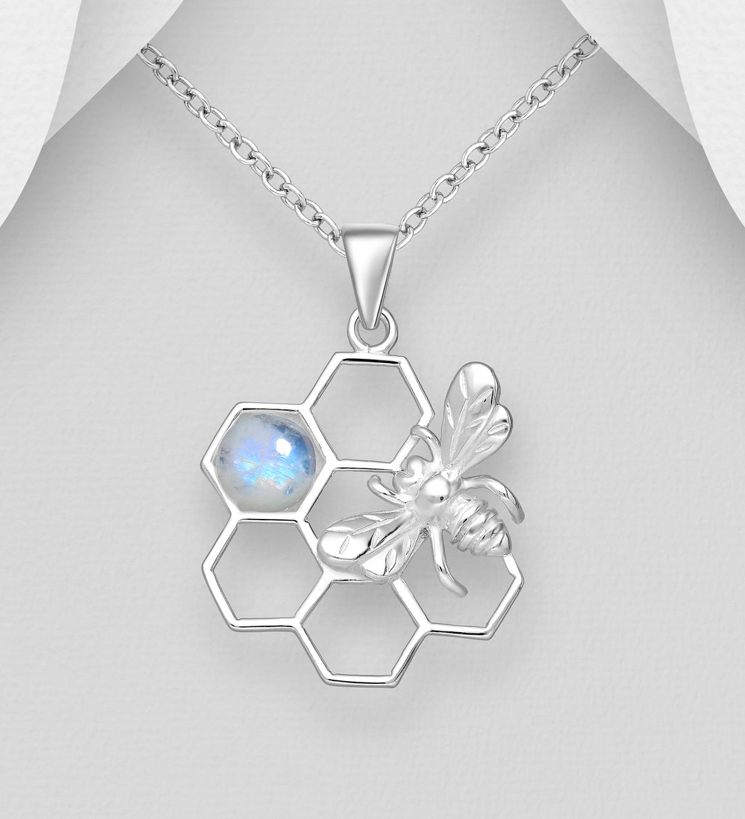 Sterling Silver Bee and Beehive Pendant with Rainbow Moonstones