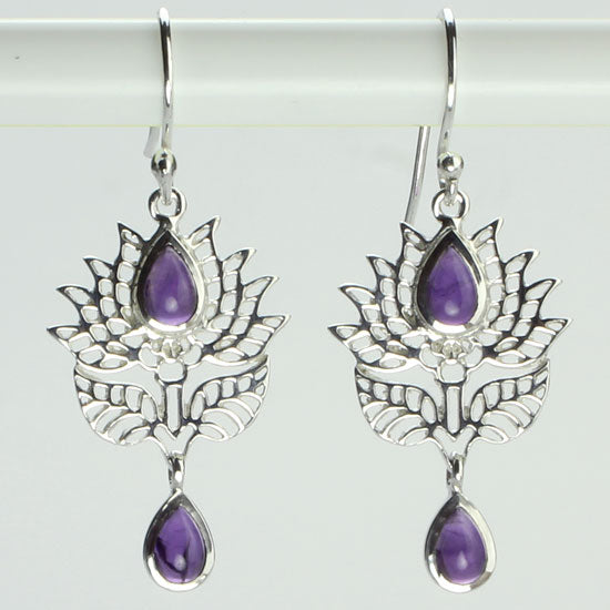 Amethyst and silver lotus flower earrings