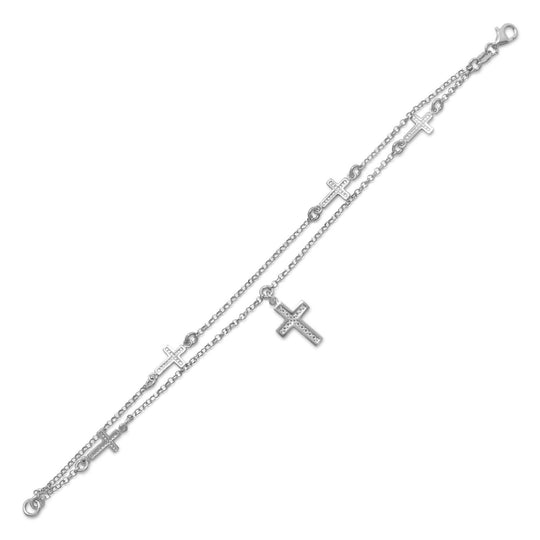 Rhodium Plated Double Strand Cross Charm Bracelet