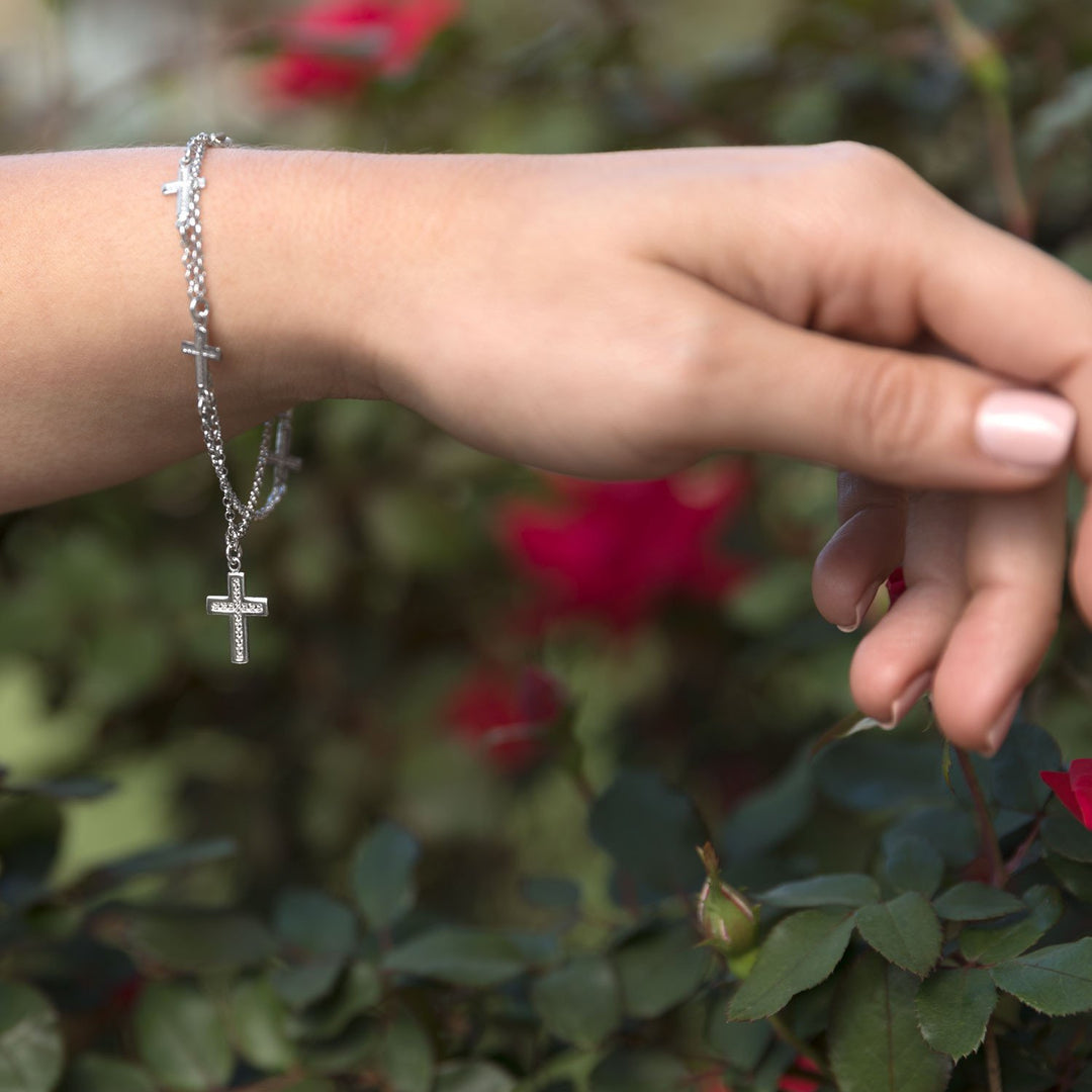 Rhodium Plated Double Strand Cross Charm Bracelet