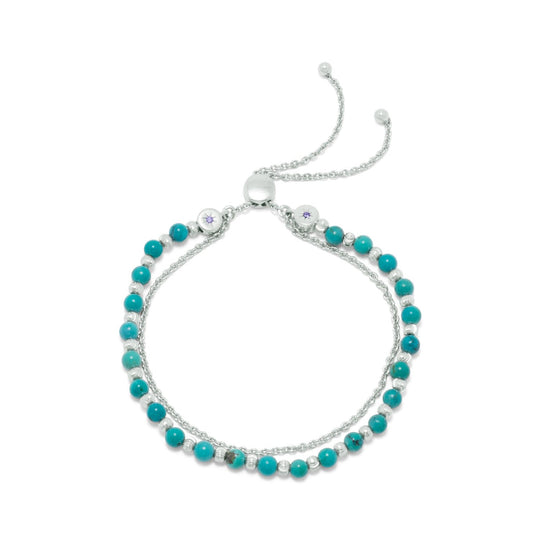 Rhodium Plated Double Strand Reconstituted Turquoise Bolo Bracelet